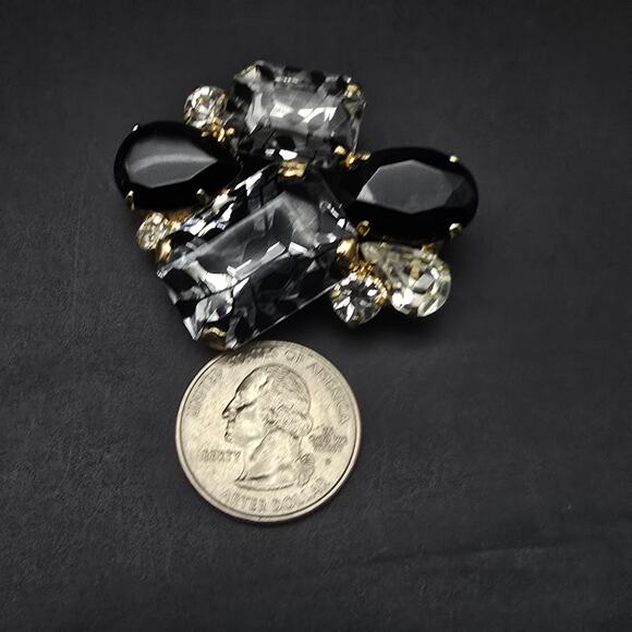 Black Clear Rhinestone Brooch Floral Ivy Leaves Gold Tone Vintage Jewelry - Picture 4 of 5